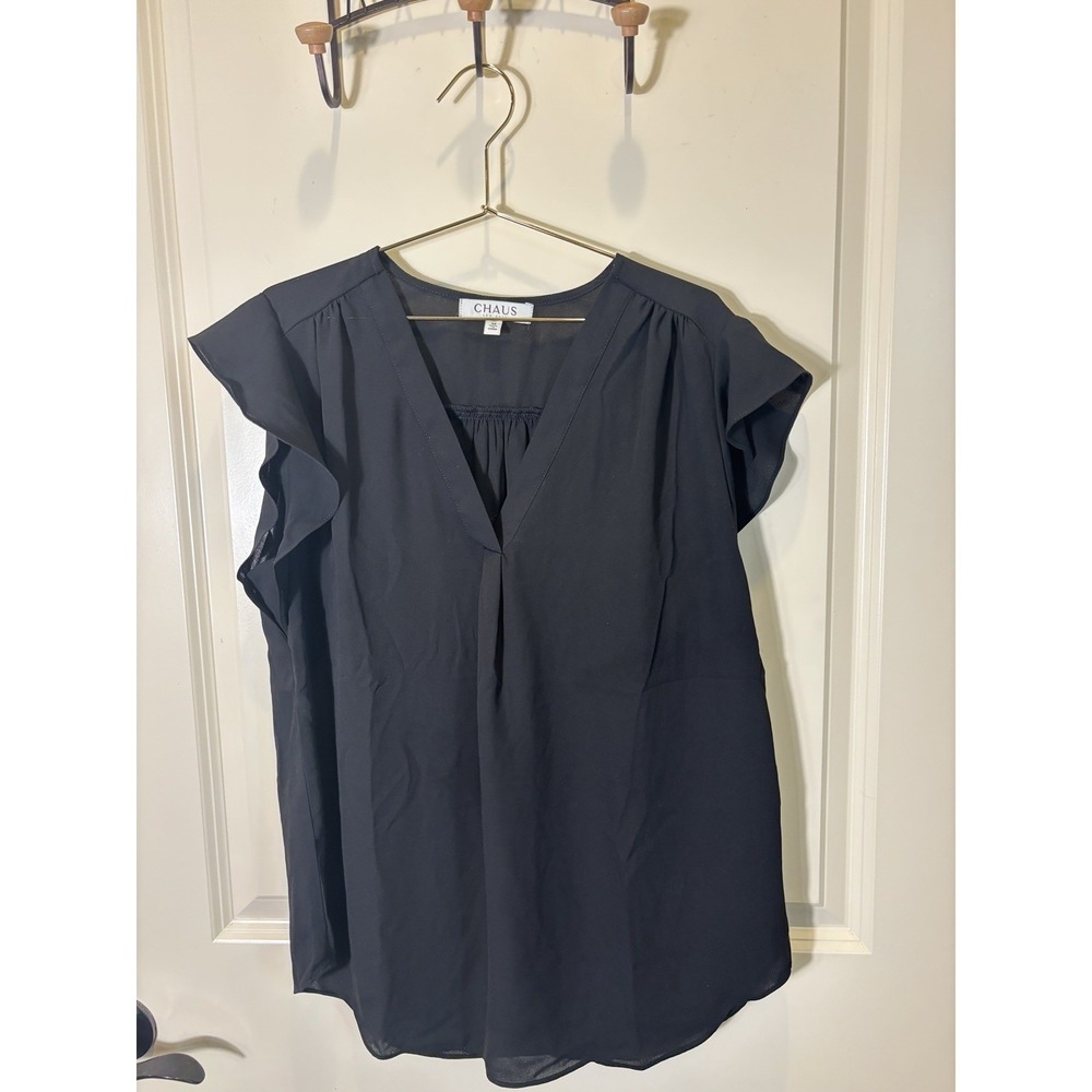 Chaus New York Black Flutter Sleeve Blouse Womens Size Medium